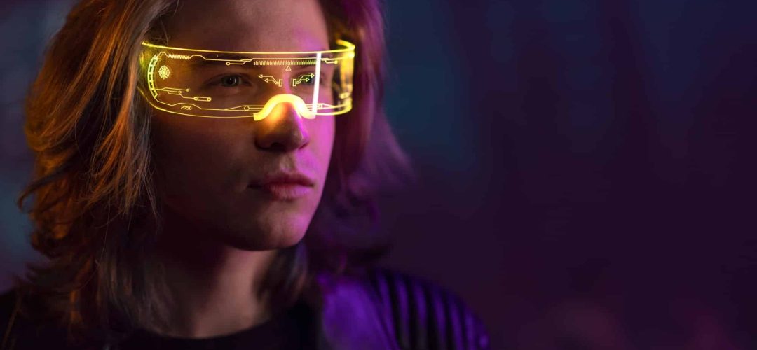 Metaverse digital cyber world technology, man with virtual reality VR goggles, futuristic lifestyle